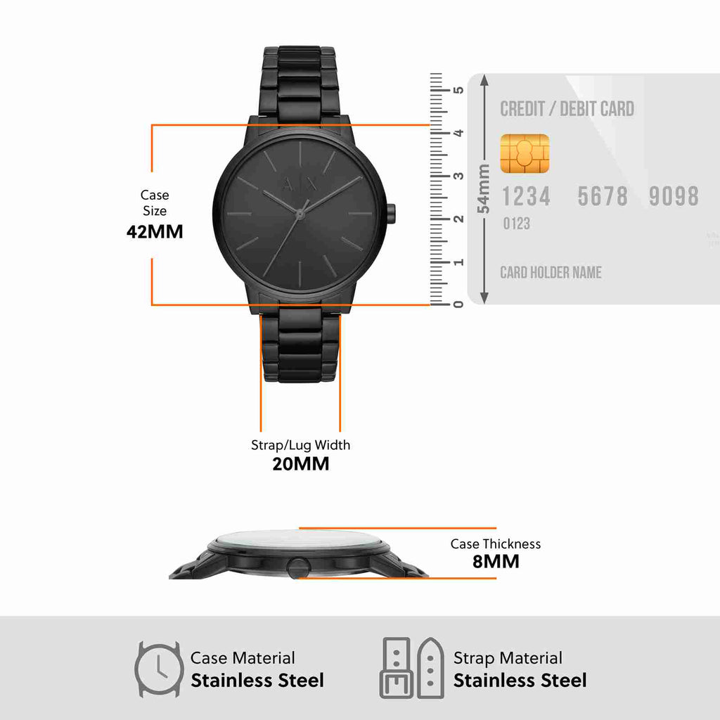 Black stainless steel watch with dimensions and credit card comparison