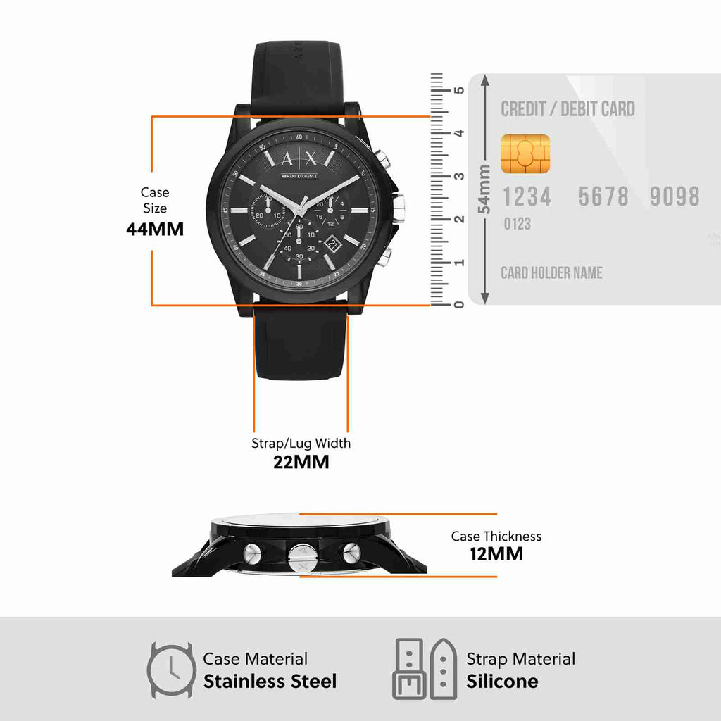 44mm case, stainless steel, silicone strap.