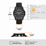 44mm case, stainless steel, silicone strap.