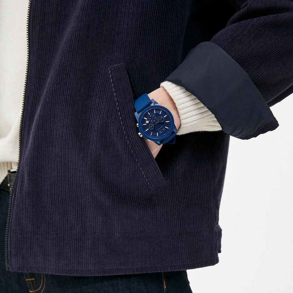 Armani Exchange men's blue dial watch with rubber strap