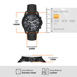 44mm case, leather strap, stainless steel.