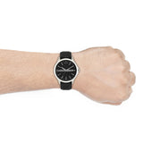 AX2101-3P watch on wrist with black leather strap