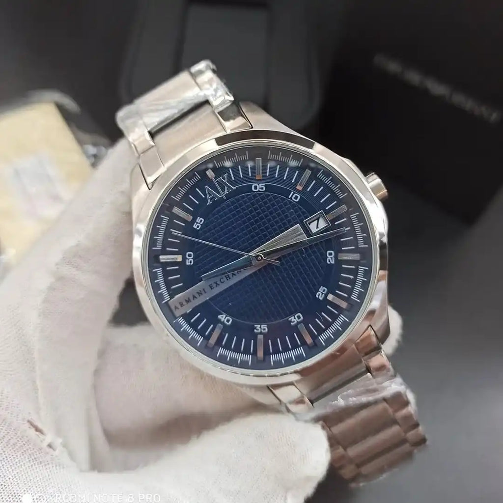 Armani Exchange men's watch with blue dial and silver metal strap