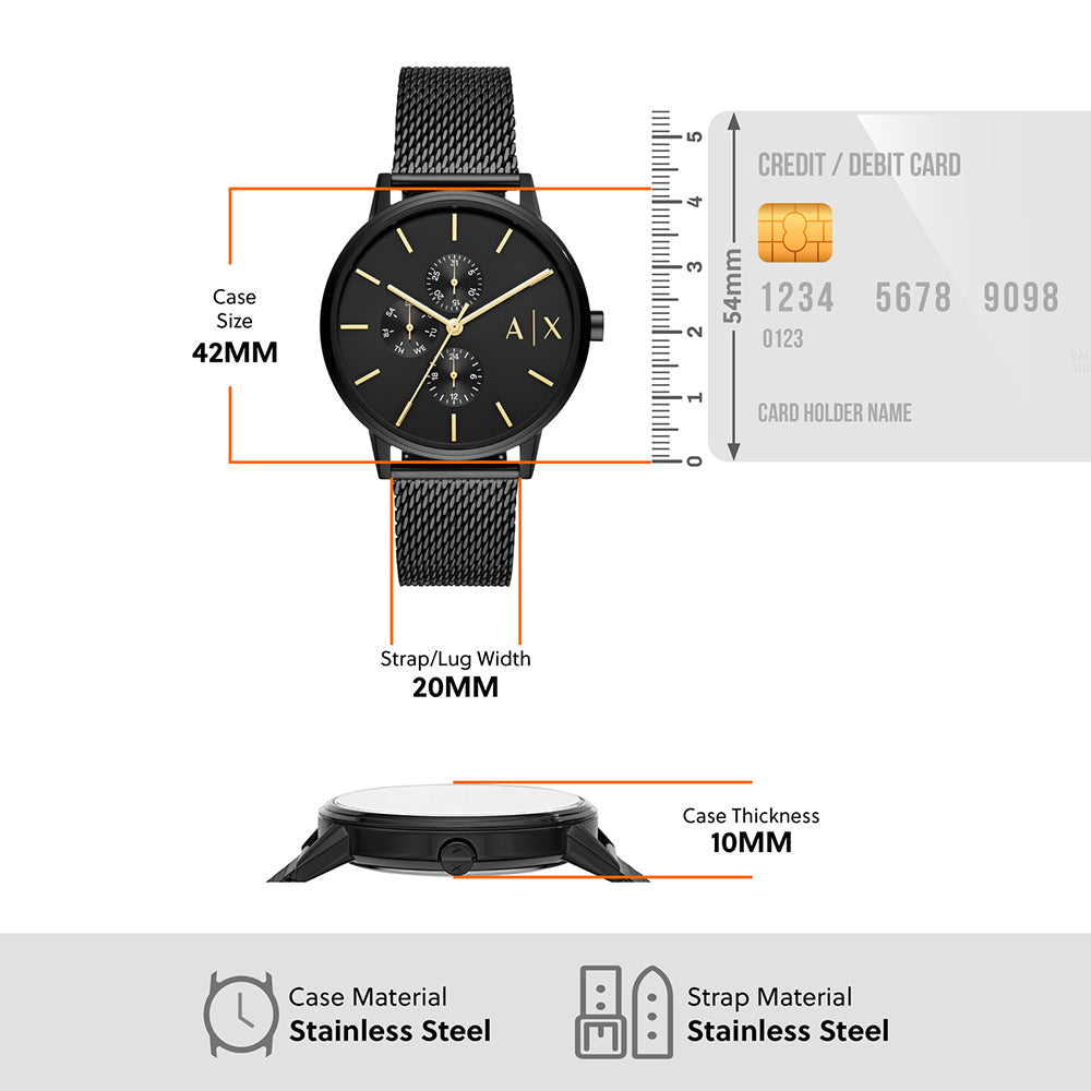 42mm case, 20mm strap, stainless steel.