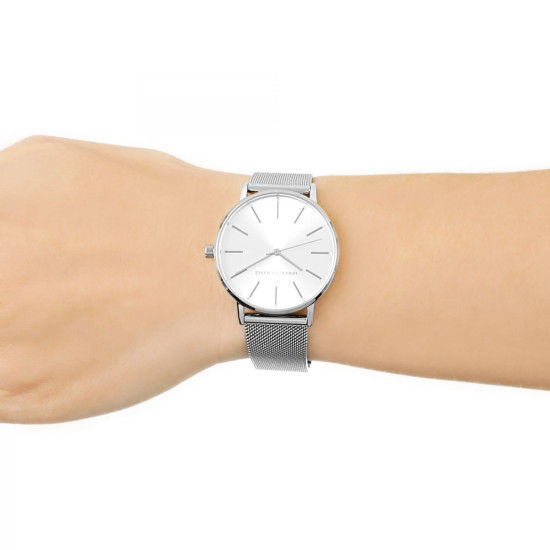 Silver wristwatch on wrist