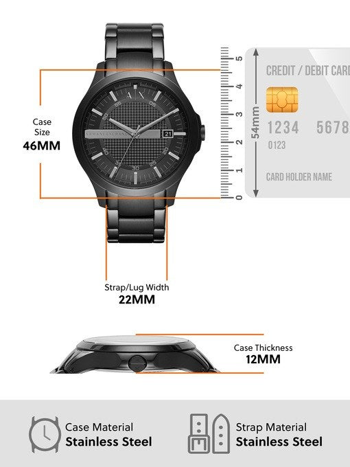 AX71013P11 Black Stainless Steel Watch with Dimensions