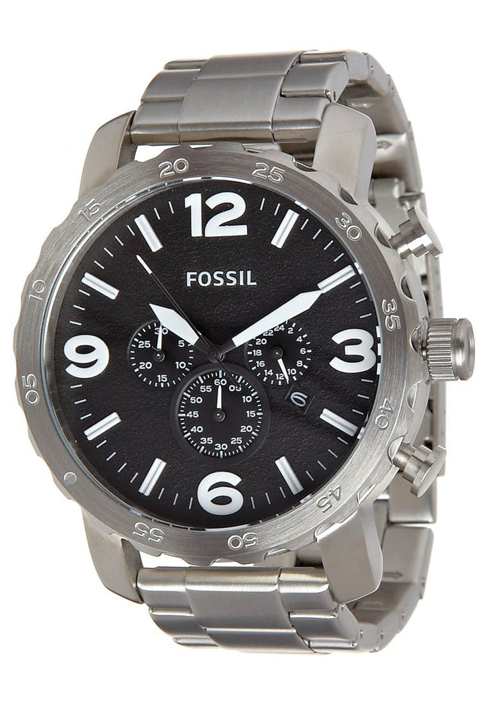 Fossil Nate Chronograph Black Dial Silver Steel Strap Watch for Men - JR1353