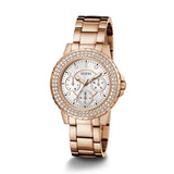 Guess Crown Jewel Multifunction Diamonds White Dial Rose Gold Steel Strap Watch For Women - GW0410L3