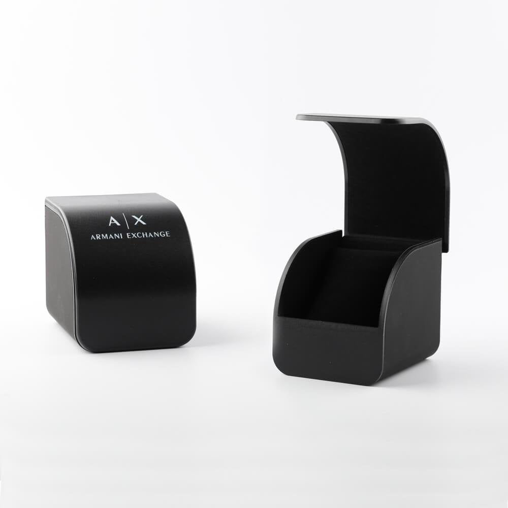 Armani Exchange watch box, black, open and closed