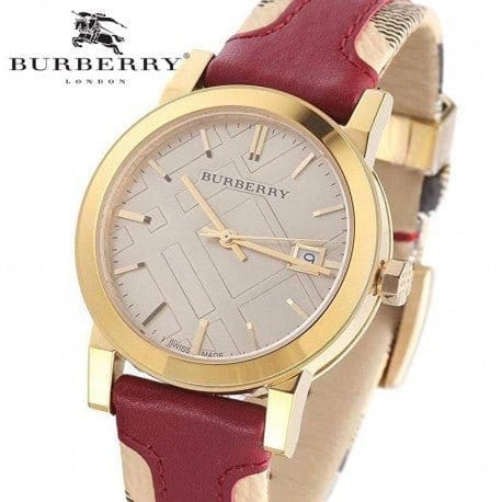 Burberry Heritage Nova Gold Dial Haymarket Red Leather Strap Watch for Women - BU9111