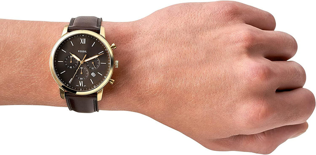 Fossil Neutra brown leather watch on wrist