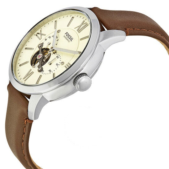 Fossil Townsman Automatic White Dial Brown Leather Strap Watch for Men - ME3064