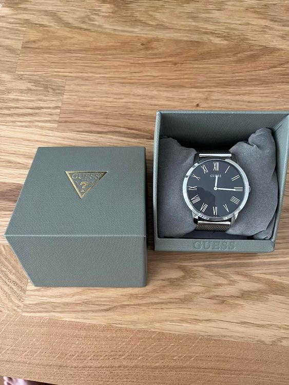 Guess Analog Black Dial Silver Mesh Bracelet Watch for Men - W1263G1