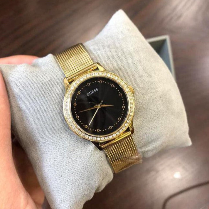 Guess Chelsea Crystals Black Dial Gold Mesh Bracelet Watch For Women - W0647L8
