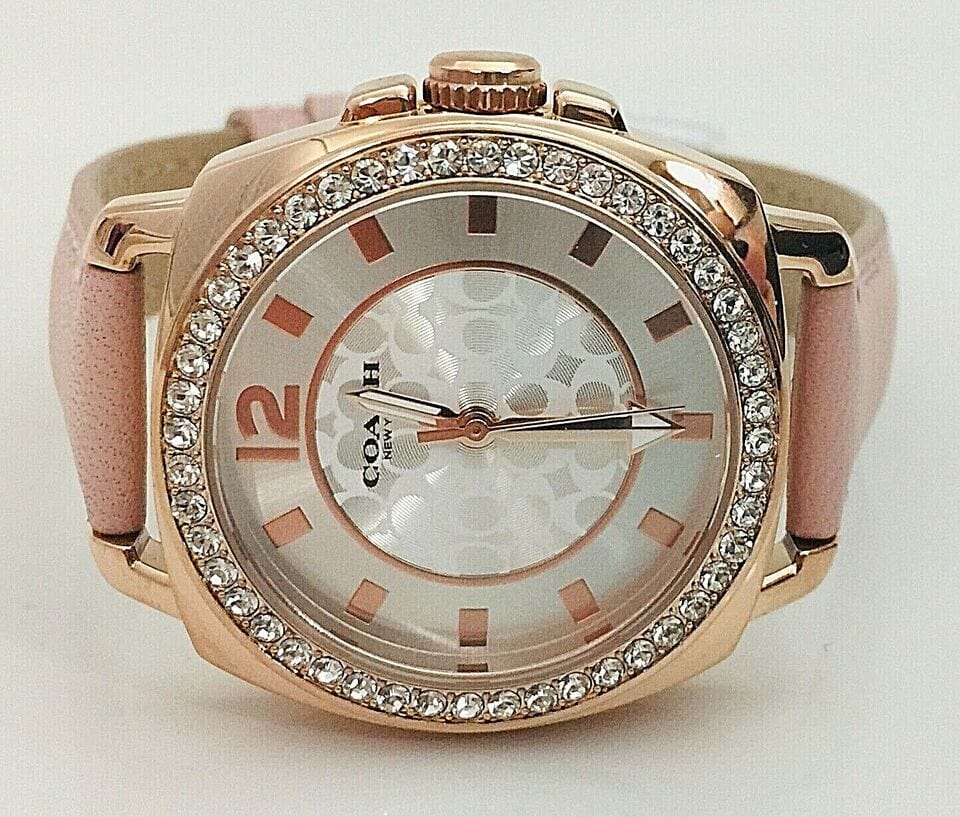 Coach Boyfriend Mother of Pearl White Dial Pink Leather Strap Watch for Women - 14503151