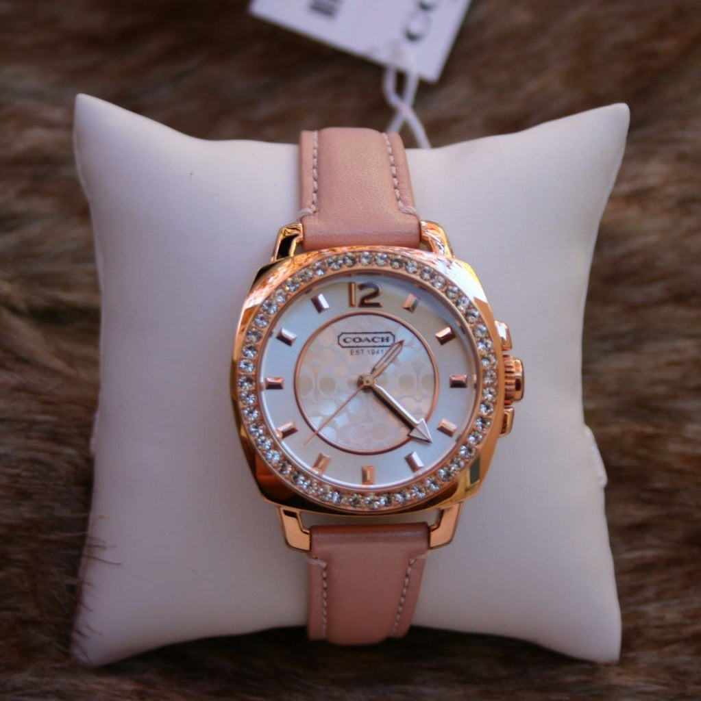 Coach Boyfriend Mother of Pearl White Dial Pink Leather Strap Watch for Women - 14503151