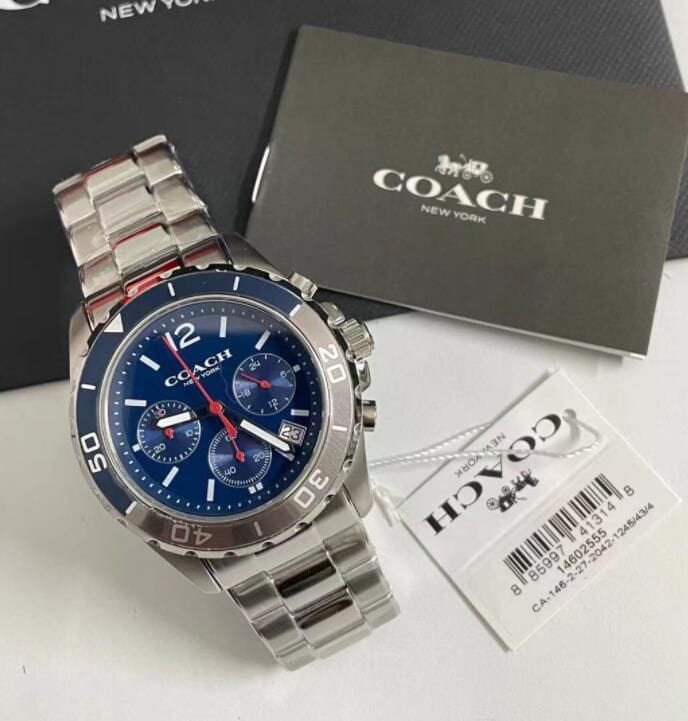 Coach Kent Chronograph Blue Dial Silver Steel Strap Watch for Men - 14602555