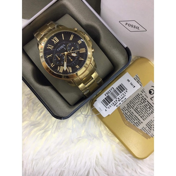 Fossil Grant Chronograph Black Dial Gold Steel Strap Watch for Men - FS4815