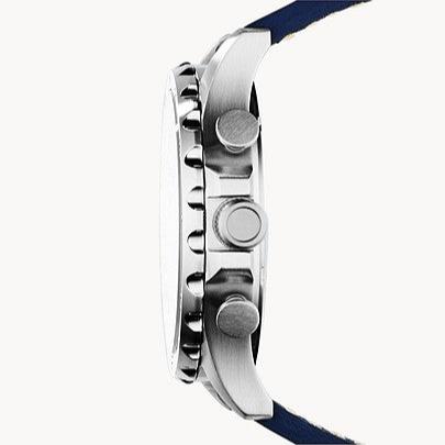 Fossil Nate Chronograph White Dial Blue Leather Strap Watch for Men - JR1480