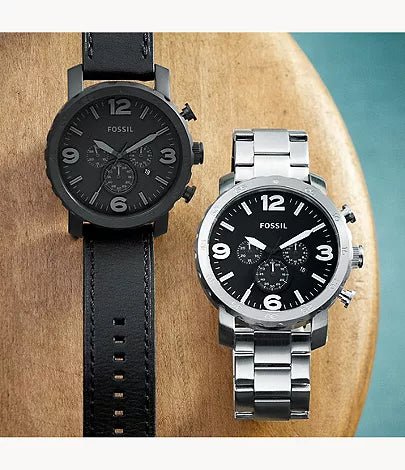 Fossil Nate Chronograph Black Dial Black Leather Strap Watch for Men - JR1354