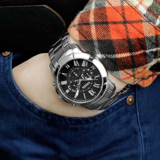 Fossil Grant Chronograph Black Dial Silver Steel Strap Watch for Men - FS4736