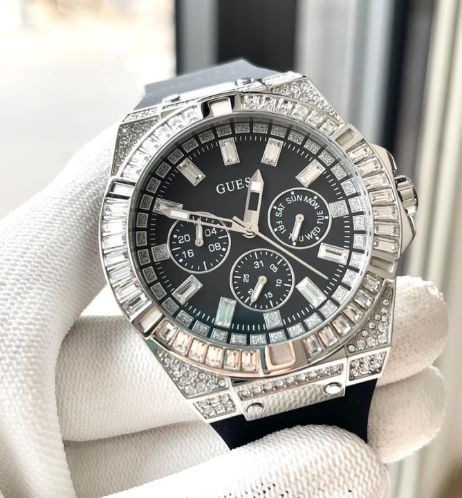 Guess Baguette Crystals Black Dial Black Silicone Strap Watch For Men - GW0208G1