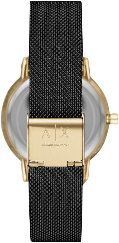 Armani Exchange AX5548 black and gold women's watch detail.
