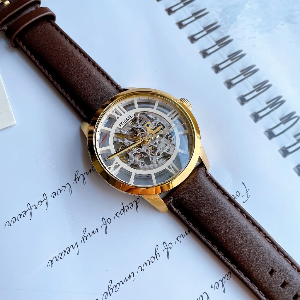 Fossil Townsman Automatic Skeleton Gold Dial Brown Leather Strap Watch for Men - ME3043