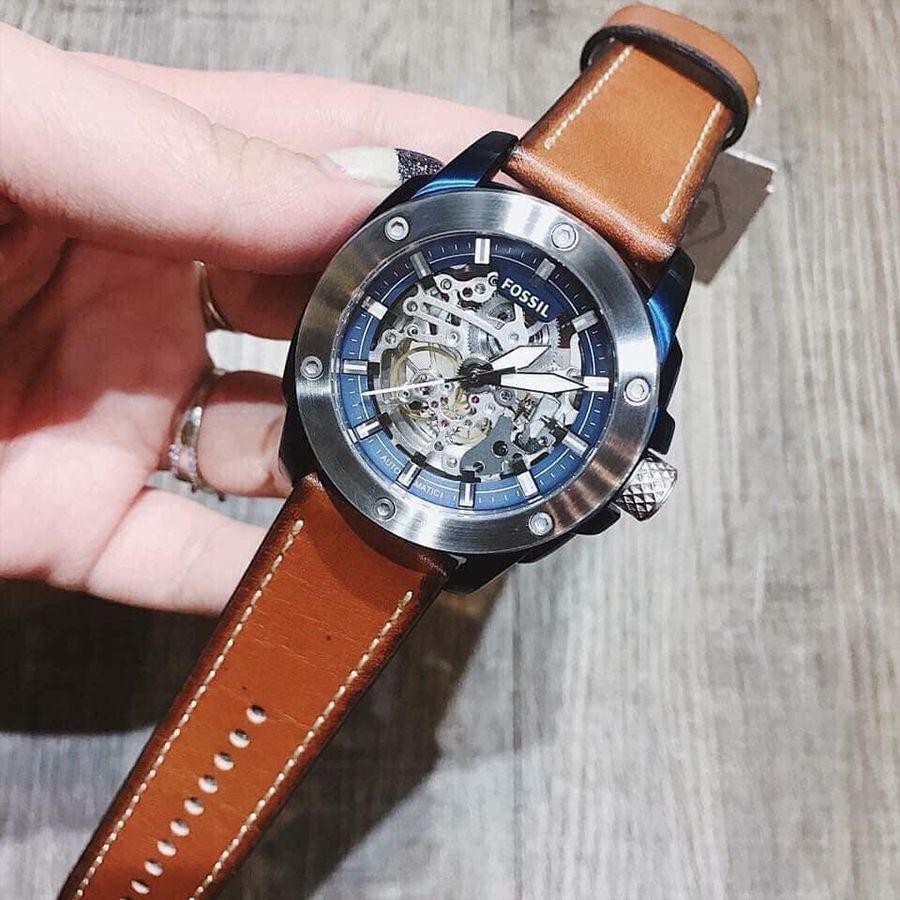 Fossil Modern Machine Automatic Skeleton Silver Dial Brown Leather Strap Watch for Men - ME3135