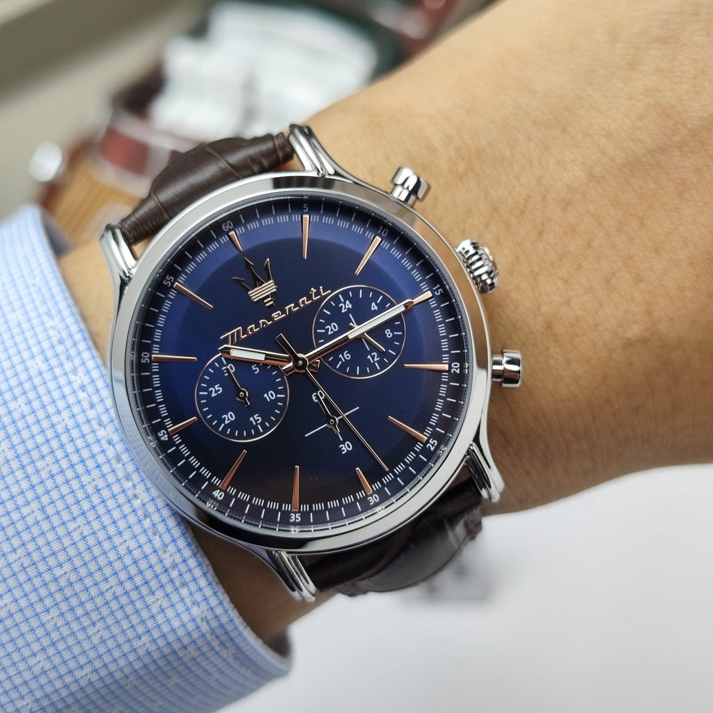 Maserati Epoca Chronograph Blue Dial Brown Leather Strap Watch For Men - R8871618014