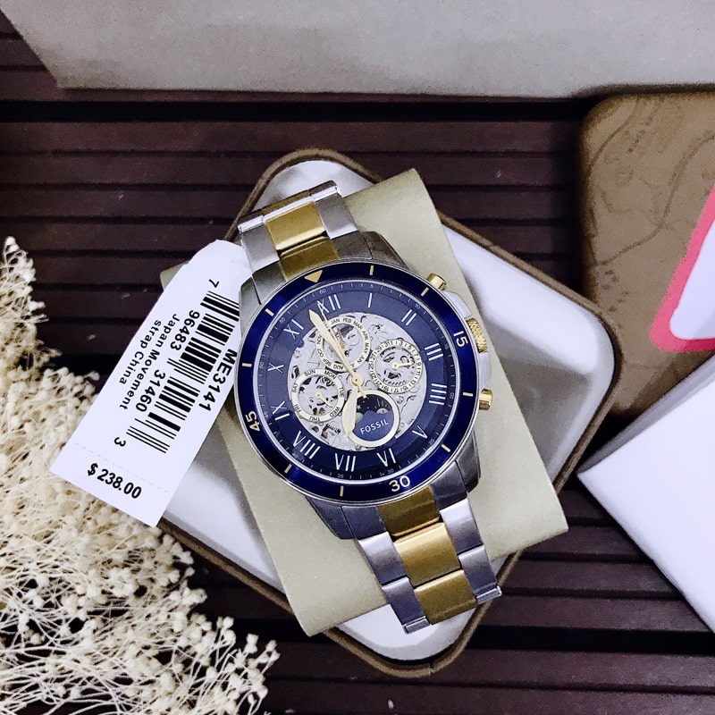 Fossil Grant Sport Automatic Skeleton Blue Dial Two Tone Steel Strap Watch for Men - ME3141