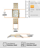 26mm case, stainless steel, gold accents.