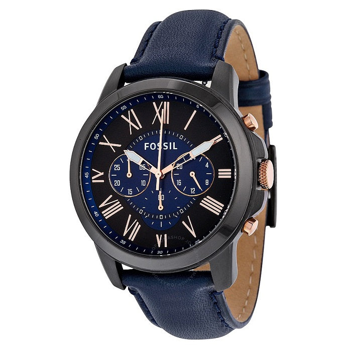 Fossil Grant Chronograph Black Dial Blue Leather Strap Watch for Men - FS5061