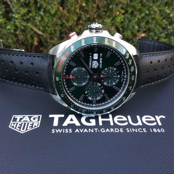 Tag Heuer Formula 1 Calibre 16 Automatic Chronograph Green Dial Black Leather Strap Watch for Men - CAZ2016.FC6473