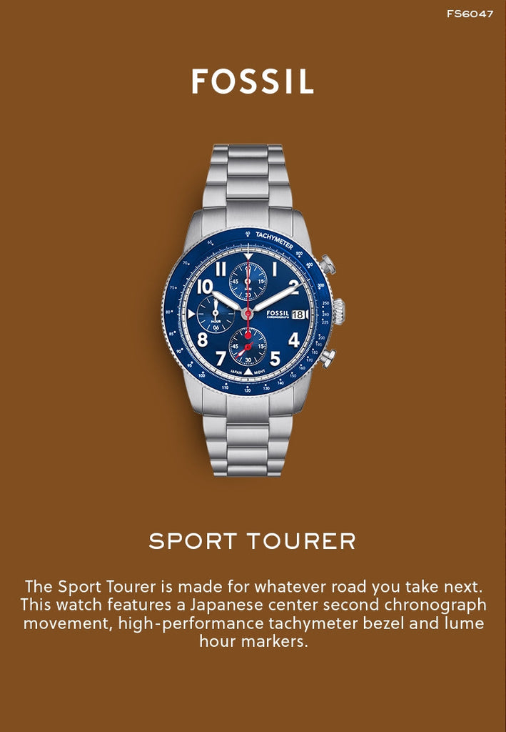 Fossil Sport Tourer watch with blue face, silver band