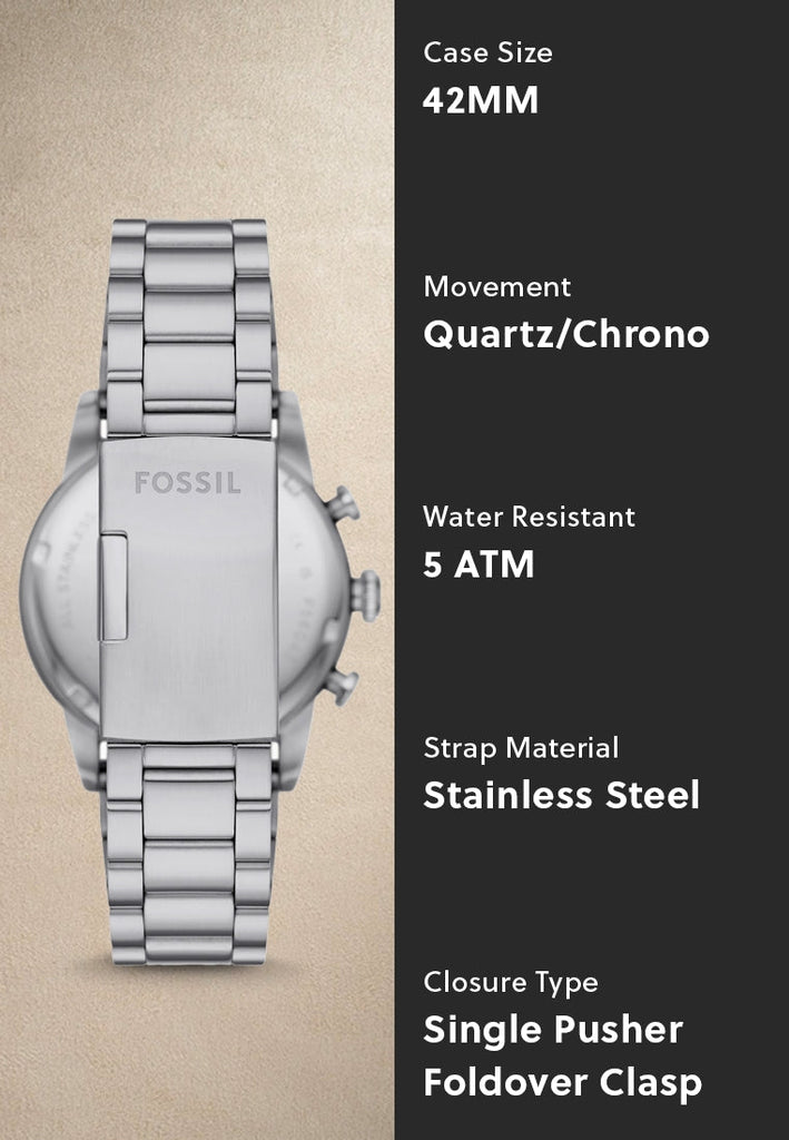 Fossil stainless steel watch, 42mm, Quartz/Chrono, 5 ATM water resistant