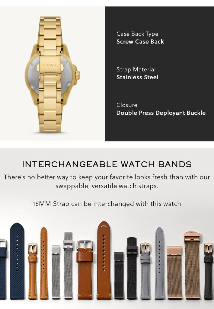 Fossil watch with interchangeable bands, stainless steel, screw back