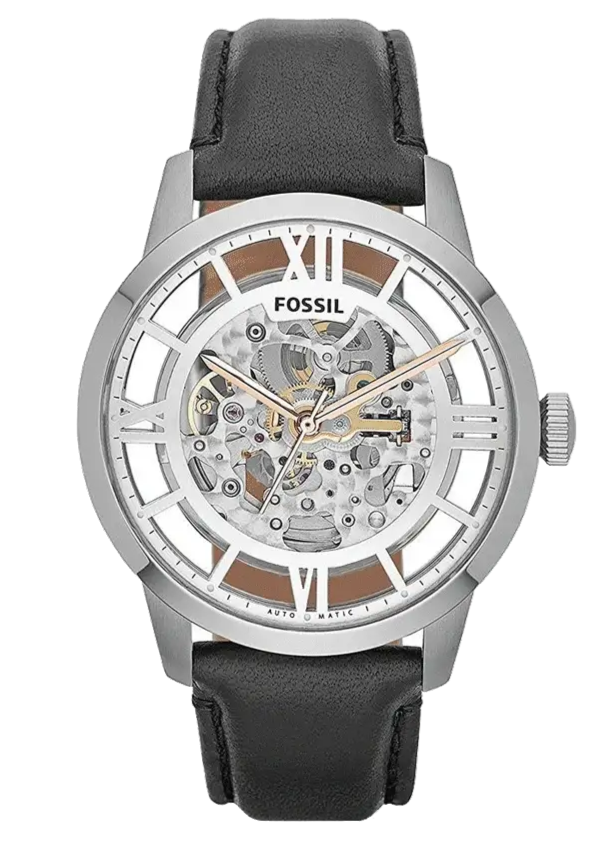 Fossil Townsman Automatic Skeleton Silver Dial Black Leather Strap Watch for Men - ME3041
