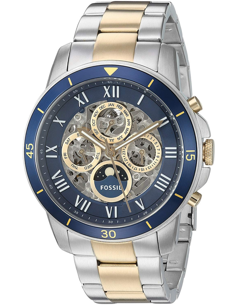 Fossil Grant Sport Automatic Skeleton Blue Dial Two Tone Steel Strap Watch for Men - ME3141