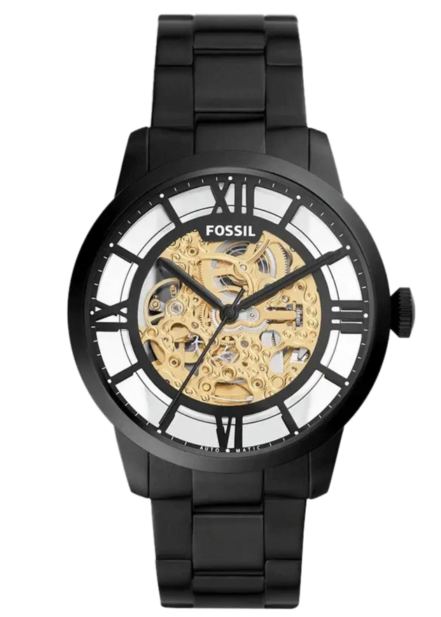 Fossil Townsman Automatic Skeleton Black Dial Black Steel Strap Watch for Men - ME3197
