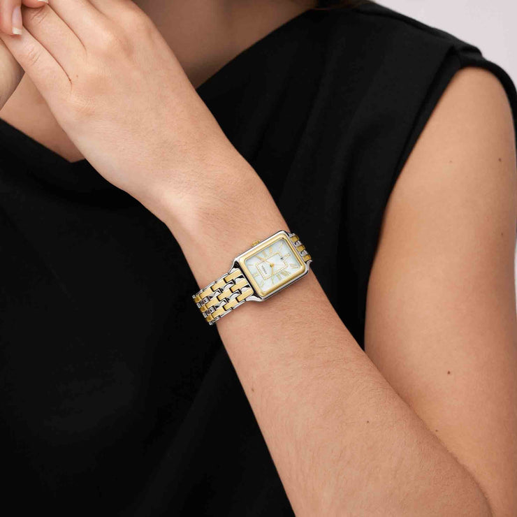 Fossil Raquel Date Watch in Gold and Silver on wrist