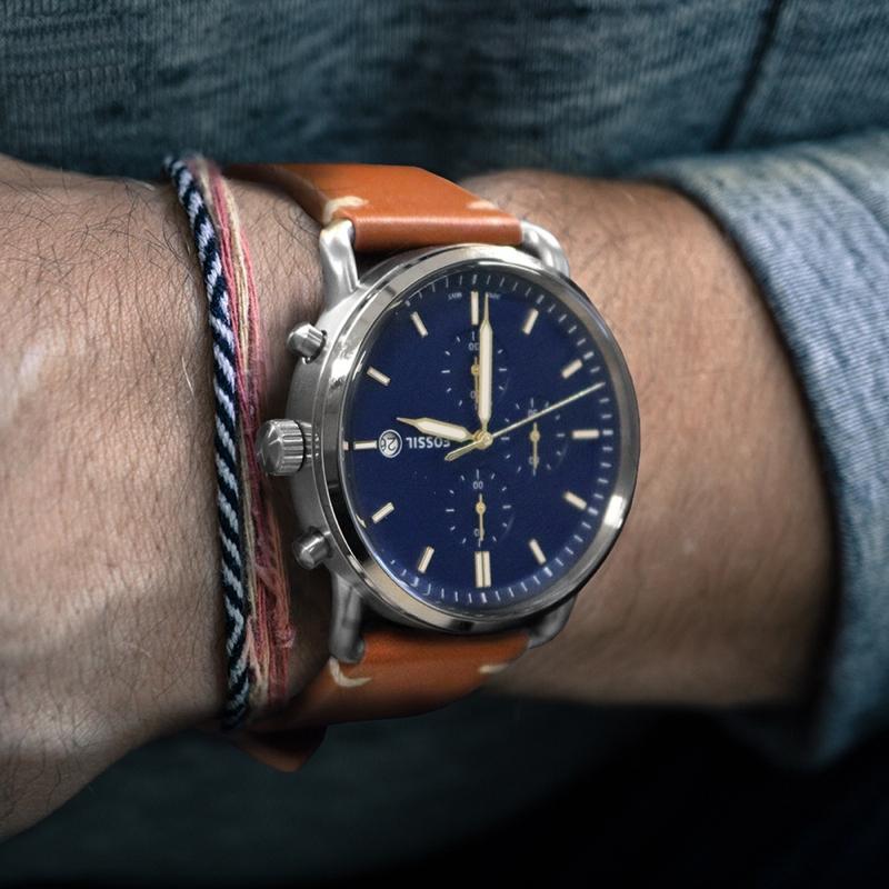 Fossil The Commuter Blue Dial Brown Leather Strap Watch for Men - FS5401