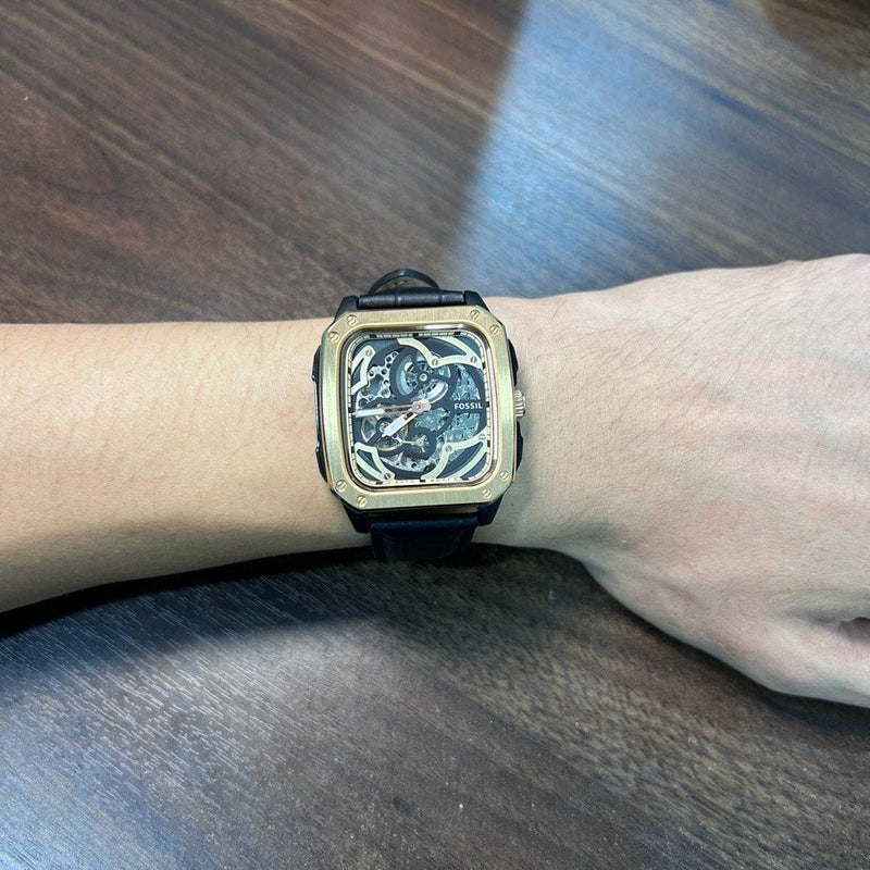 Fossil Inscription Automatic Skeleton Rose Gold Dial Black Leather Strap Watch for Men - BQ2572