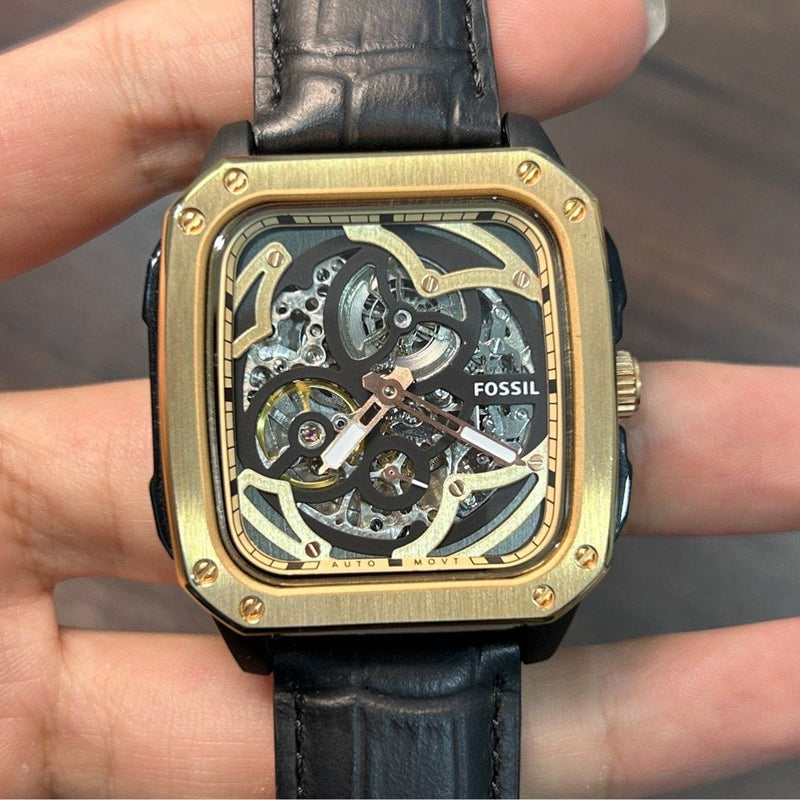 Fossil Inscription Automatic Skeleton Rose Gold Dial Black Leather Strap Watch for Men - BQ2572