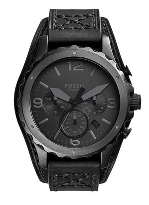 Fossil Nate Chronograph Black Dial Black Leather Strap Watch for Men - JR1510
