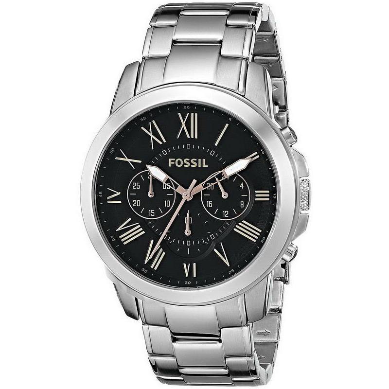 Fossil Grant Chronograph Black Dial Silver Steel Strap Watch for Men - FS4994