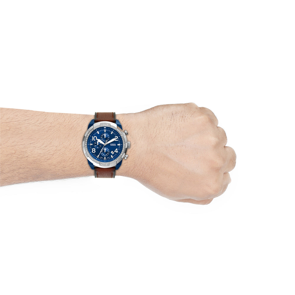 FS5829-3P men's watch on wrist with blue dial and brown leather strap.