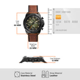 44mm case, leather strap, stainless steel.