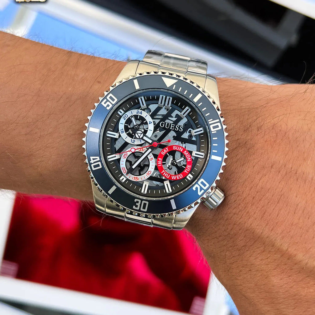 Guess Axle Multifunction Black Dial Silver Steel Strap Watch For Men - GW0488G1