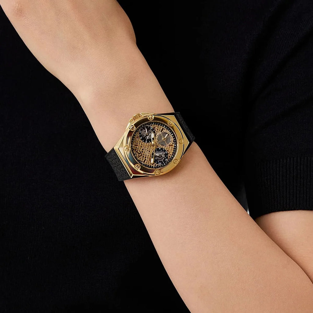 Guess Asteria Multifunction Gold Dial Black Rubber Strap Watch For Women - GW0620L2